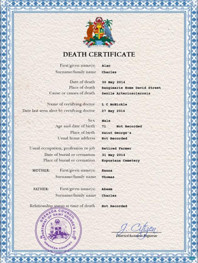 Download Grenada death certificate PSD template Photoshop template